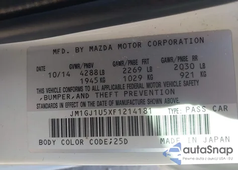 2015 Mazda Mazda6 I Sport from USA, damaged, VIN JM1GJ1U5XF1214181